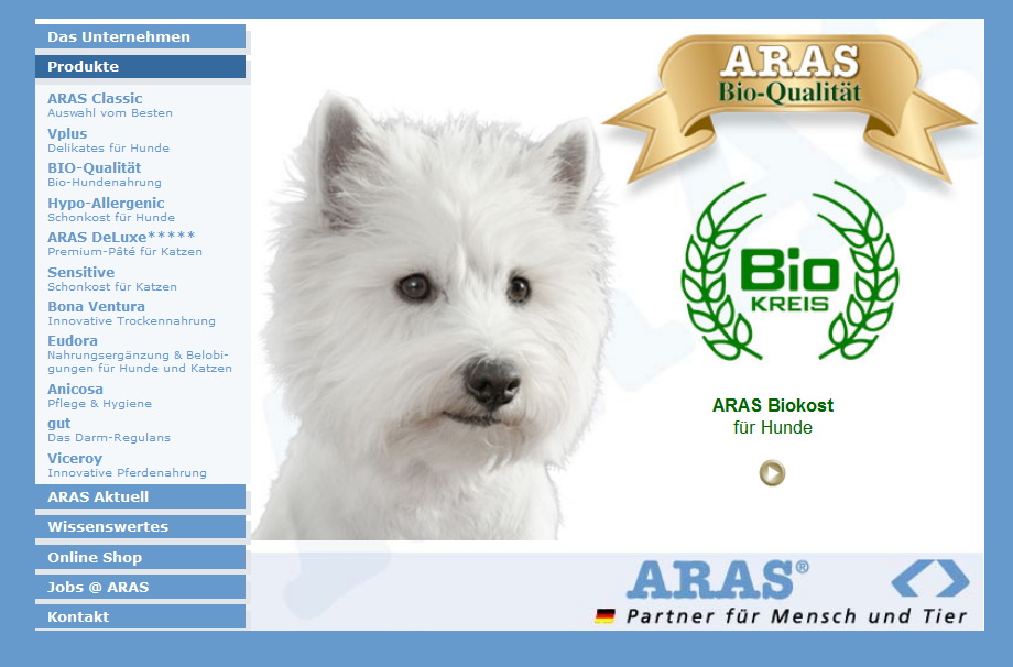 Screenshoot der Homepage von Aras